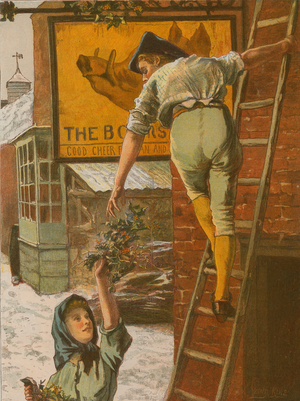 Christmas Morning - Decorating the Signboard (colour litho)
