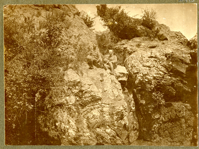 Soldiers sitting on rocks, WW1, 1914-1918 (b/w photo)