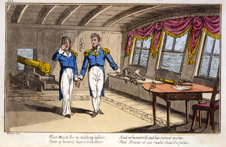"Poor Mizen, tho' no melting lubber ..." from The Adventures of a Post Captain, by a Naval Officer, pub. 1820 (hand-coloured aquatint)