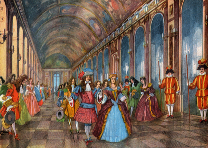 History. France. Louis XIV of France nd his court in Versailles, Galerie des Glaces. Illustration in: Belles images d'histoire (schoolbook) , by H. Geron, France, c.1948 Coll. Part. (print)