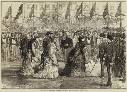 The Queen at Portsmouth inspecting the Naval Brigade of the Ashantee War (engraving)