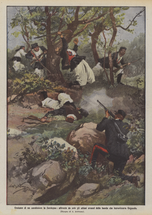 Heroism of a policeman in Sardinia, he faces alone the last leftovers of the gang that terrorized Orgosolo (colour litho)