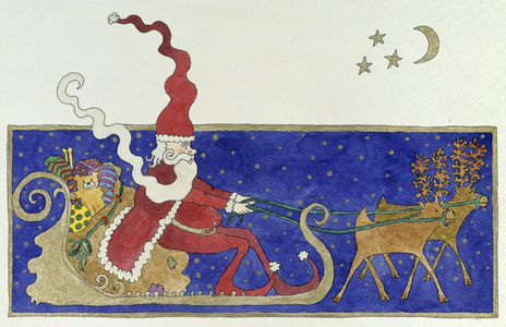 Santa on His Sleigh Inez Nickmans (b.1960/Belgian) Watercolor/Pen & Ink