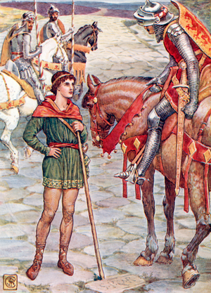 Young Perceval questions Sir Owen (colour litho)