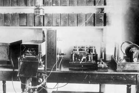 Wireless telegraphy by Marconi, 1912 (b/w photo)