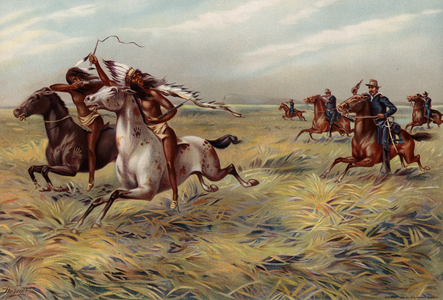 US Army, Cavalry pursuing Indians, 1876 (colour litho)