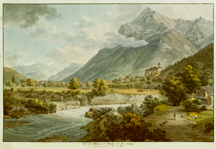 A shepherdess resting by a road and a man carrying a basket on his back, talk outside a large house with a wooden balcony overlooking the River Simme in the foreground.