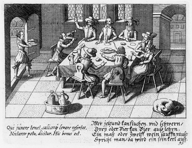 Men and a woman served a meal, c.1650 (engraving)