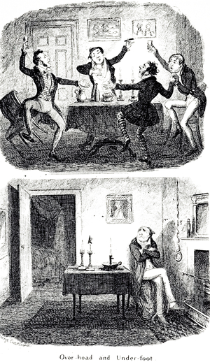 A cartoon depicting noisy lodgers on disturbing the tenant below. Illustrated by George Cruikshank (1792-1878) a British caricaturist and book illustrator, 19th century