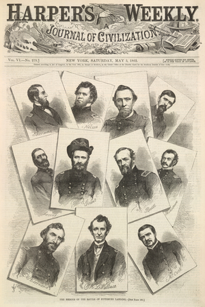'The heroes of the battle of Pittsburgh landing'. Portraits of various Union generals, including Sherman and Grant.