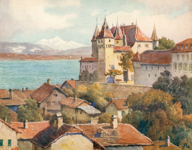 Nyon Castle, looking across the Lake to Mont Blanc, JHL (colour litho)
