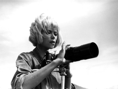 French Actress Mireille Darc Photographing Photographers in Paris in 1967  (b/w photo)