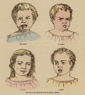 Expressions of emotions on the faces of young children (coloured engraving)