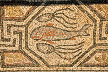 Heraclea Lyncestis archaeological site, mosaic detail in the Great Basilica, a fish and octopi, Bitola, Macedonia, Europe