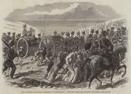 The Volunteer Sham Fight at Brighton on Easter Monday, the Sussex Artillery ascending the Downs (engraving)