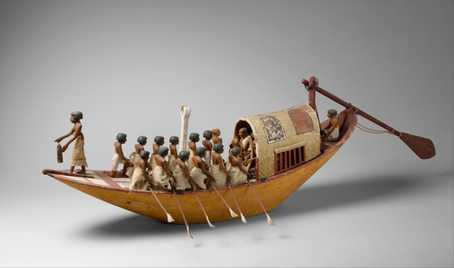 Travelling Boat being Rowed from the Tomb of Meketre, c.1981–1975 B.C. (wood, paint, gesso, linen twine and linen)