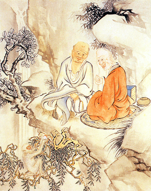 China: Two Buddhist luohan (arhat) in conversation in the wilds. Qing Dynasty painter Jia Quan, 18th century