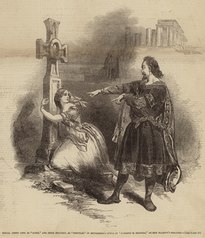 Mademoiselle Jenny Lind as "Alice," and Herr Staudigl as "Bertram," in Meyerbeer's Opera of "Roberto il Diavolo," at Her Majesty's Theatre (engraving)