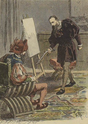 Italian painter Tintoretto approaching Pietro Aretino, armed with a pistol, to take his measurements for his portrait, 16th Century (colour litho)