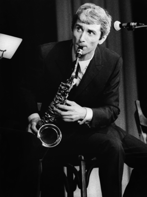 Marcel Amont Playing The Saxophone during his Show at The Olympia, Patis, January 1967 (b/w photo)