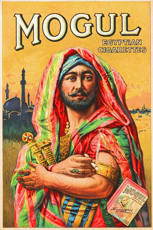 USA: Advertisement for 'Mogul' brand Egyptian cigarettes featuring a Middle Eastern man in robes against a backdrop of domes and  minarets, Sosterios Anargyros, New York, 1919