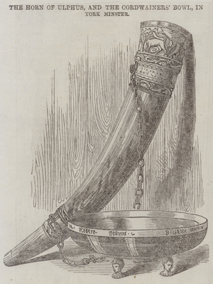 The Horn of Ulphus, and the Cordwainers' Bowl, in York Minster (engraving)