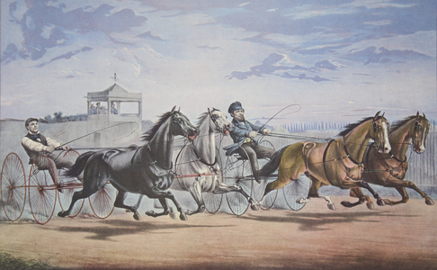Stella and Alice Grey -  Lantern and Whalebone, 'Passing the Stand' (In their great match for  in Double Harness over the Union Course L.I. June 5th 1855) , pub. 1855, Currier & Ives (colour litho)