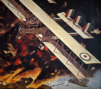 Magazine illustration showing an Italian air raid on the Austrian port of Pola (colour litho)