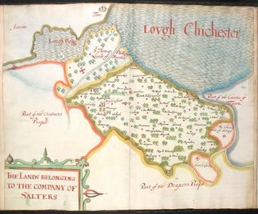 Ms 634 f.76v-77 A plat of the Salters landes, from 'A Survey of the Estate of the Plantation of Londonderry Taken in 1624 by Thomas Phillips' (ink on vellum)