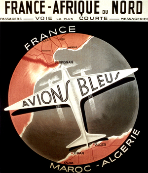 Advert poster for the flights France-Morocco-Algeria, aboard plane Breguet Deux-Ponts  of the Company Blue Planes. this line linked Algiers to Paris into 2h15 , c. 1953