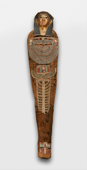 Mummy of Nesmin with plant wreath, mummy mask and other cartonnage elements, 200-30 BC 