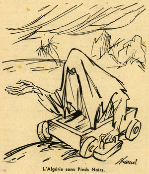 Algerie sans Feet Noirs Drawing by Chancel on the cover of the magazine “Ax Egoutes du Monde” in February 1961