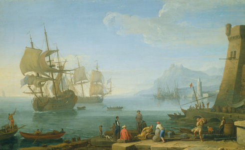 Mediterranean harbour scene (oil on canvas)
