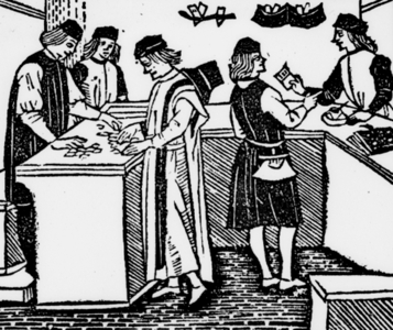 Currency exchange in Italy in the 15th century (engraving)