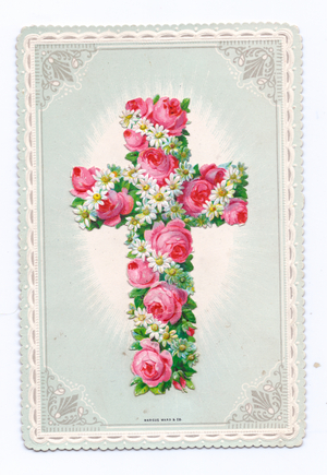 A Victorian religious deckle edge greeting card of a cross decorated with roses and daisies, c.1880 (colour litho)