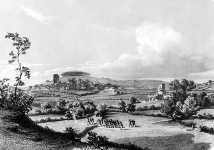 The old donjon of Pouzauges, ruins of the former castle belonging to Gilles de Retz (Gilles de Rais) in Vendee, France where he killed his victims, early 15th century, engraving after T.Drake