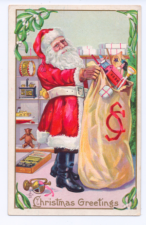 Edwardian Christmas postcard of Father Christmas holding a large monogrammed sack of toys, c.1910 (colour litho)