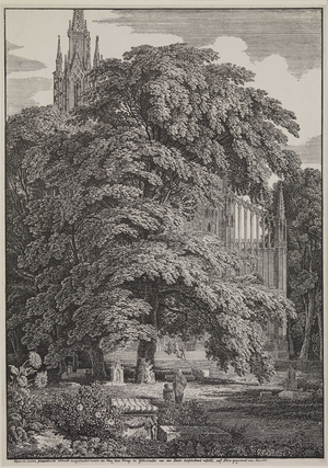 Gothic church behind trees, 1810 (litho)
