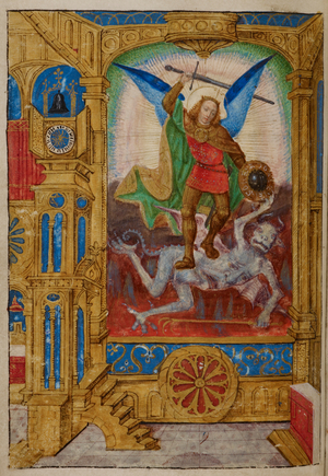 St Michael triumphant over Satan, set in an architectonic border