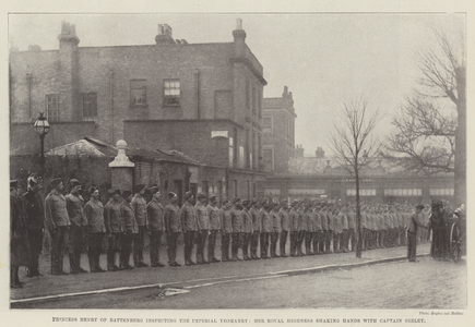 Princess Henry of Battenberg inspecting the Imperial Yeomanry, Her Royal Highness shaking Hands with Captain Seeley (b/w photo)