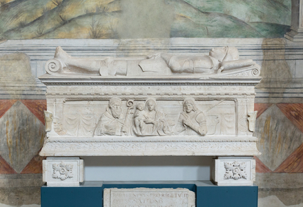 Sarcophagus with images of Saints Benedict, Paterius and Euphemia, 1478 (botticino stone)