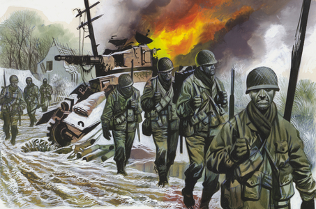 Soldiers tramp through snow-covered countryside in World War I (gouache on paper)