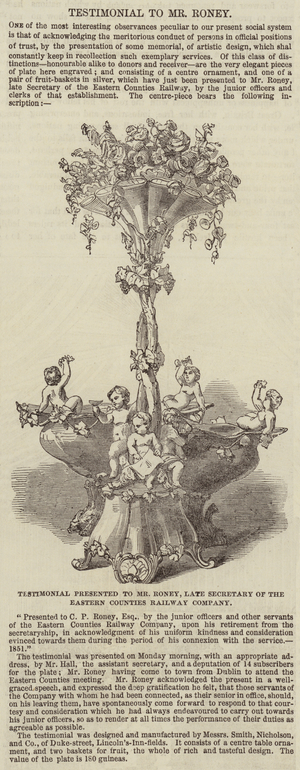 Testimonial presented to Mr Roney, Late Secretary of the Eastern Counties Railway Company (engraving)