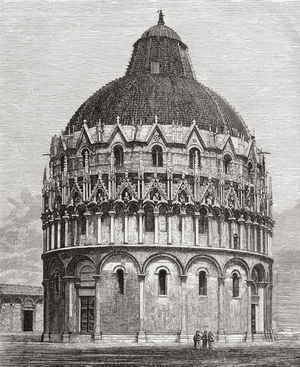 The Baptistry of St. John, Pisa, Italy in the late 19th century.  From Italian Pictures by Rev. Samuel Manning, published c.1890.