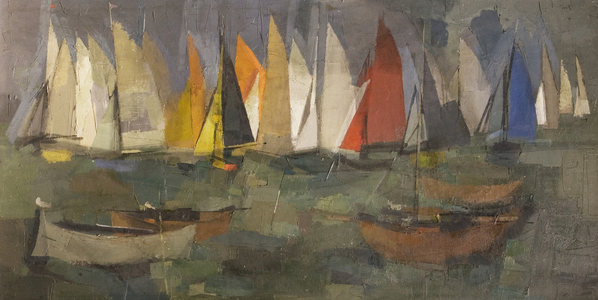 Yachts Manoeuvering, 20th century (oil on board)