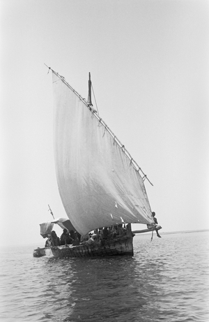 View of one of the sailboats on which Wilfred Thesiger sailed through the Abu Dhabi islands, 1948 (b/w photo)