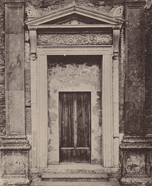 Doorway of San Michele in Bosco, Bologna (b/w photo)