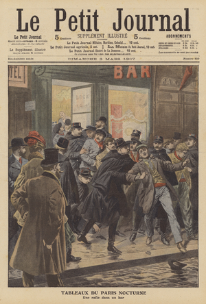 Police raid on a Paris bar at night (colour litho)