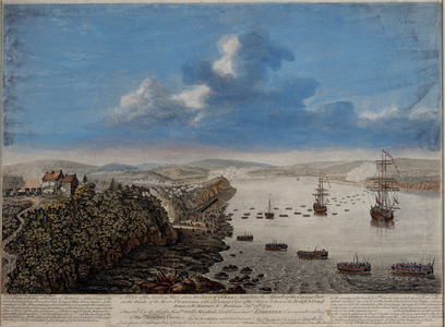 A View of the Landing place above the Town of Quebec describing the Assault...on the Hauteurs D'Abraham Septr. 13th 1759, c.1760 (coloured engraving)