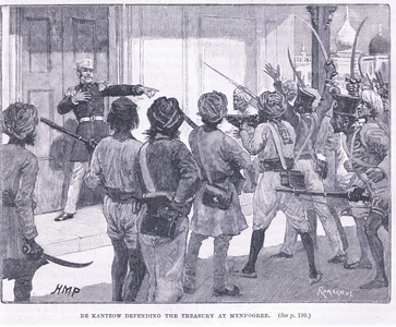 De Kantzow defending the treasury at Mynpooree 1857 AD (litho)